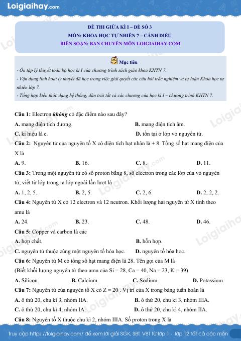 Đề thi giữa kì 1 KHTN 7 Cánh diều - Đề số 3